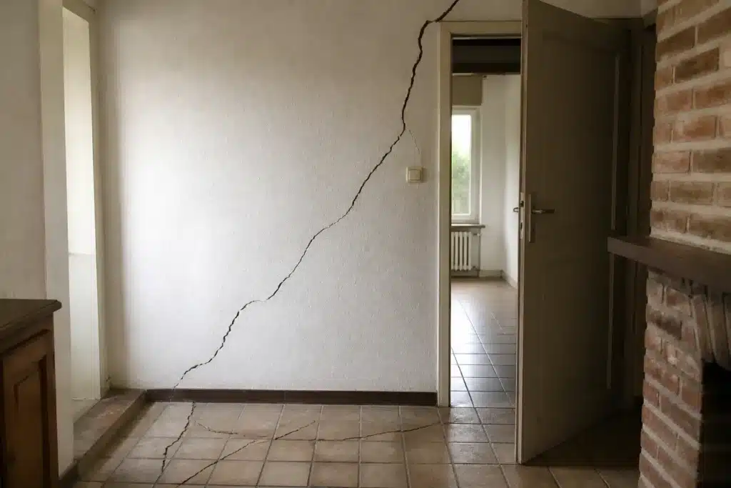 Fissure partant de l'angle d'une porte intérieure, indice de mouvement du sol