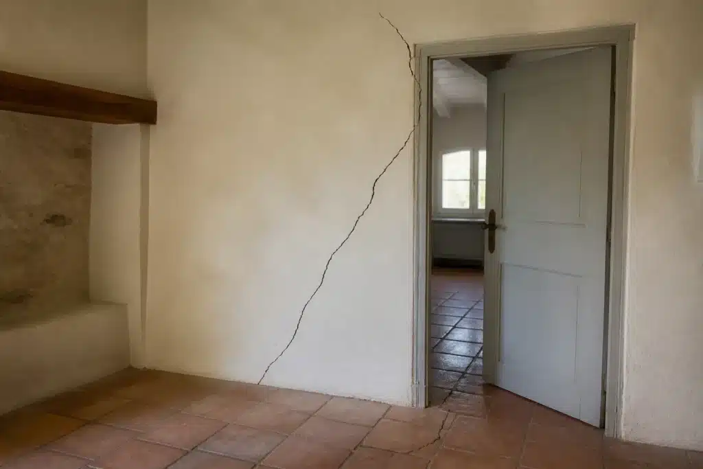 Fissure partant de l'angle d'une porte intérieure, indice de mouvement du sol