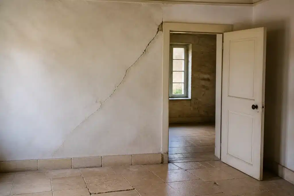 Fissure partant de l'angle d'une porte intérieure, indice de mouvement du sol