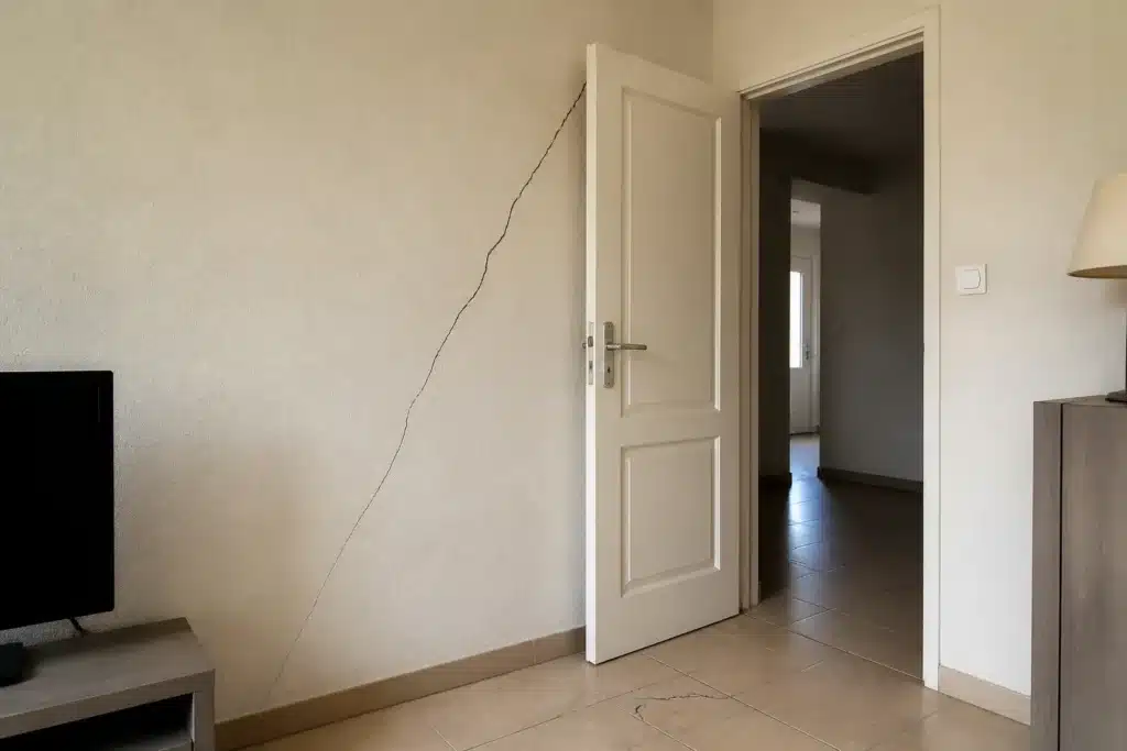 Fissure partant de l'angle d'une porte intérieure, indice de mouvement du sol