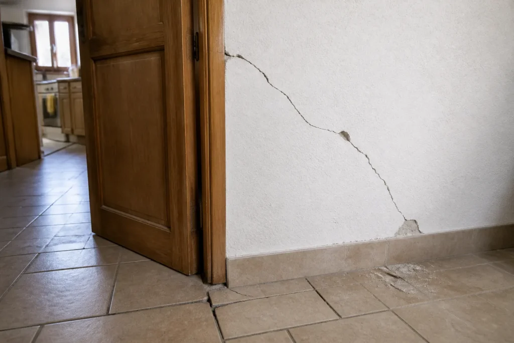 Fissure partant de l'angle d'une porte intérieure, indice de mouvement du sol
