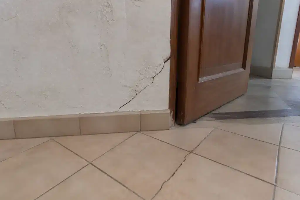 Fissure partant de l'angle d'une porte intérieure, indice de mouvement du sol