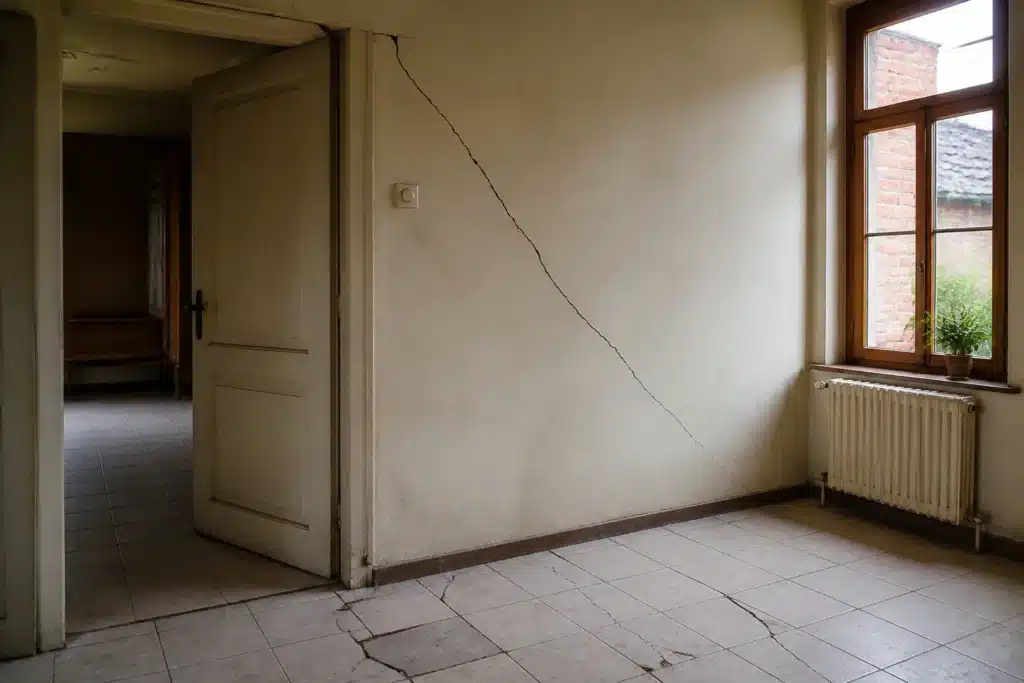 Fissure partant de l'angle d'une porte intérieure, indice de mouvement du sol