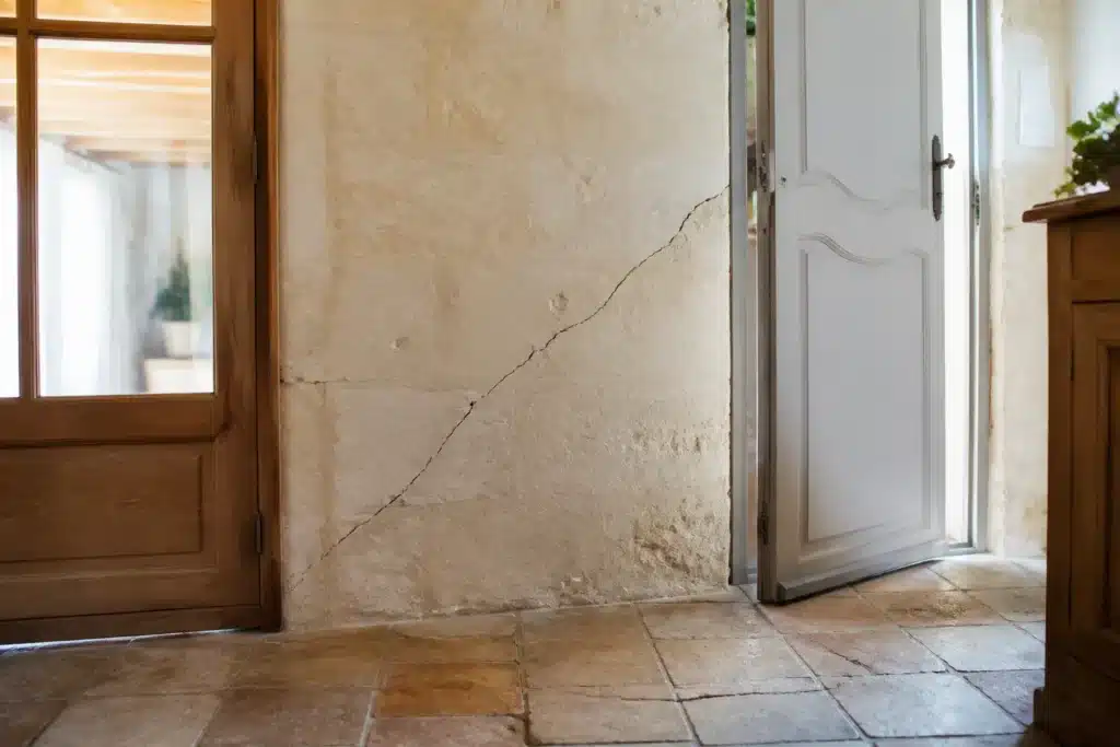 Fissure partant de l'angle d'une porte intérieure, indice de mouvement du sol