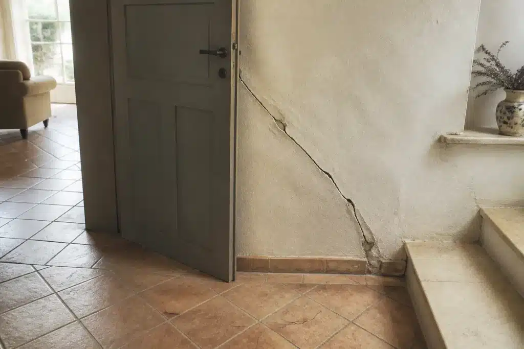 Fissure partant de l'angle d'une porte intérieure, indice de mouvement du sol