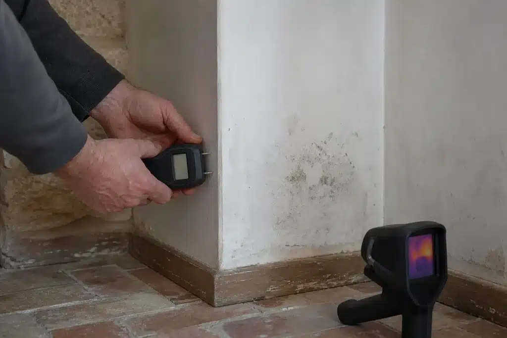 Expert en bâtiment mesurant l'humidité d'un mur doublé avec un humidimètre et contrôlant la paroi à la caméra thermique dans une maison ancienne
