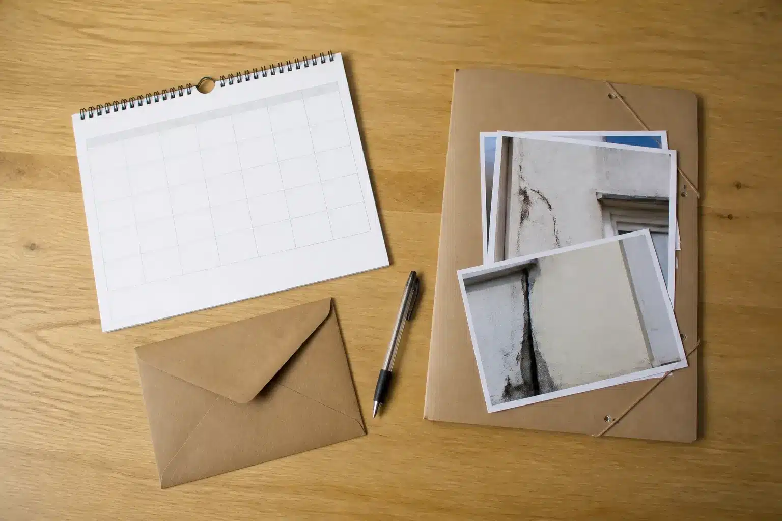 Dossier de déclaration de sinistre avec photographies de fissures, enveloppe et calendrier sur une table