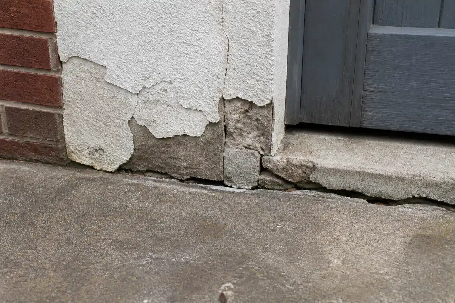 Éclatement de l'enduit et fissuration du bas de mur au droit d'un seuil de porte de garage