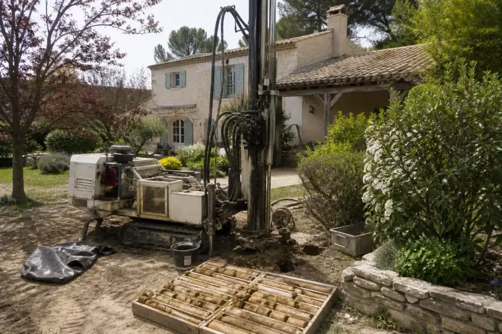 Sondage géotechnique dans le jardin d'une maison, carottes d'argile