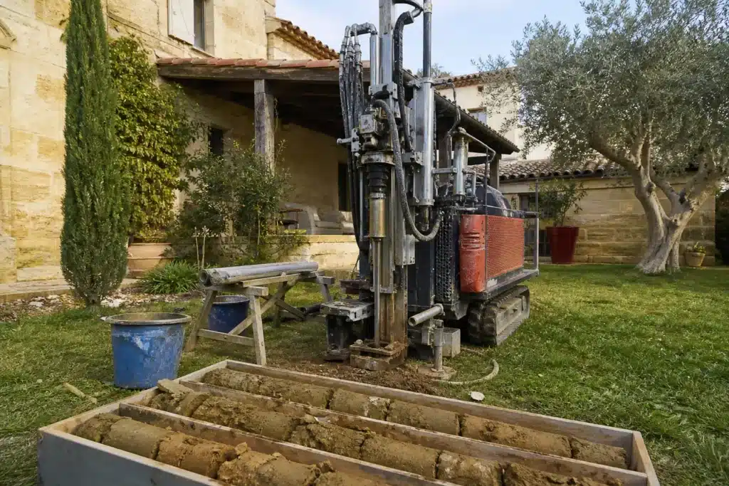 Sondage géotechnique dans le jardin d'une maison, carottes d'argile