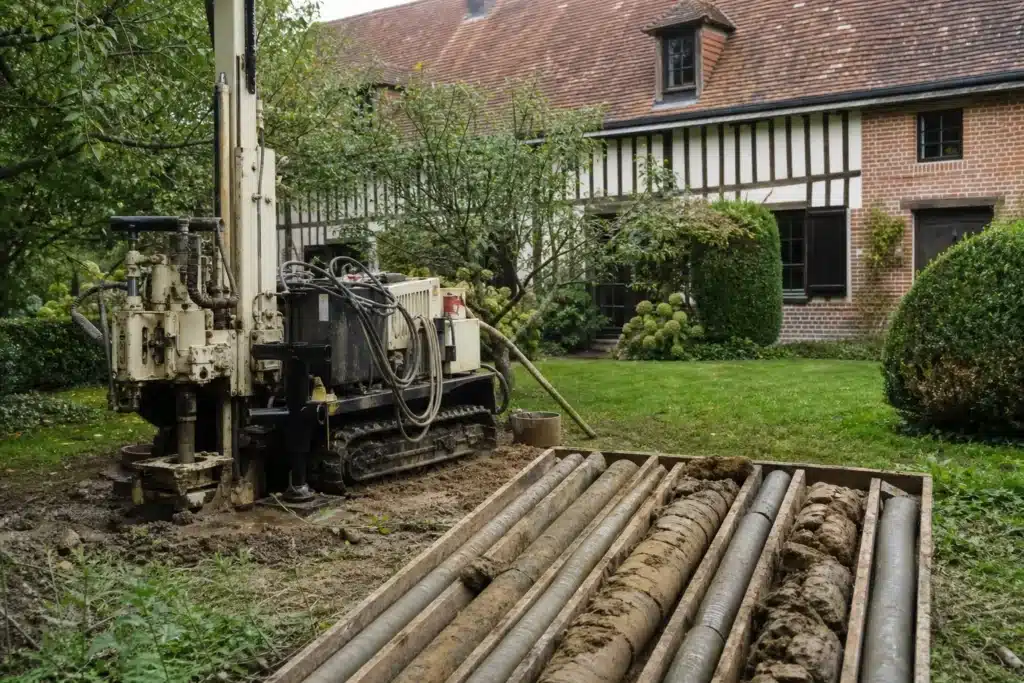 Sondage géotechnique dans le jardin d'une maison, carottes d'argile