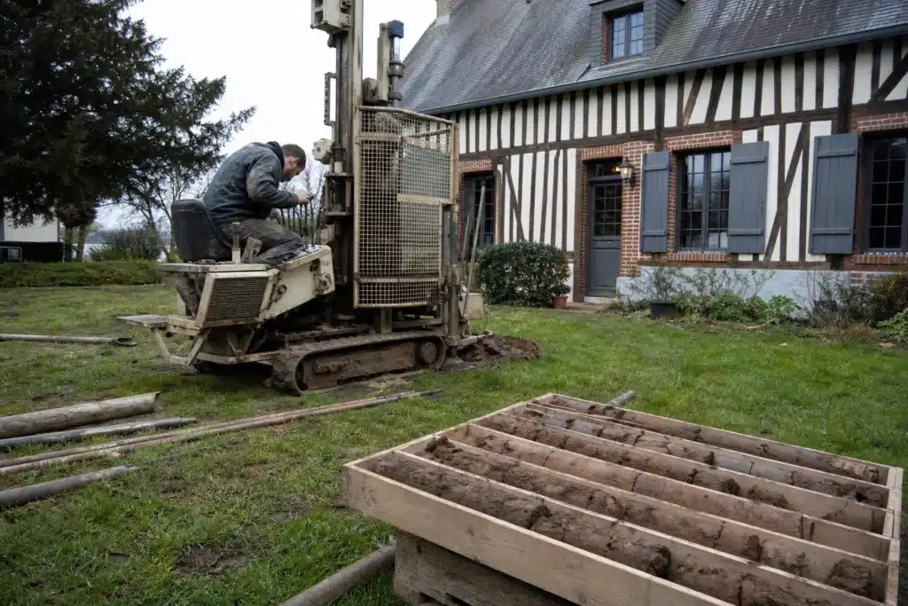 Sondage géotechnique dans le jardin d'une maison, carottes d'argile
