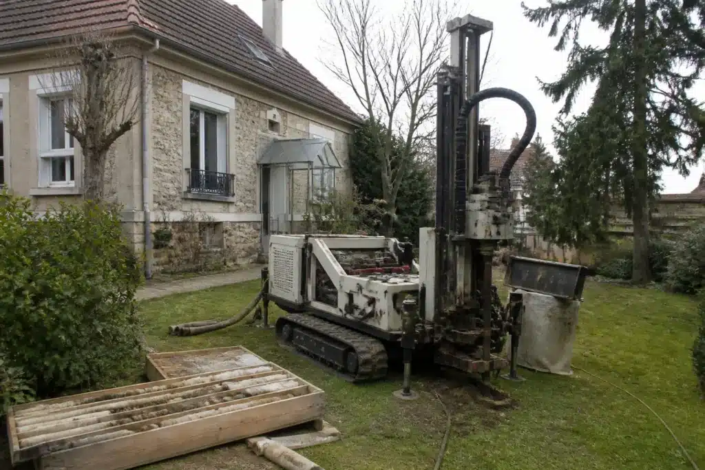 Sondage géotechnique dans le jardin d'une maison, carottes d'argile