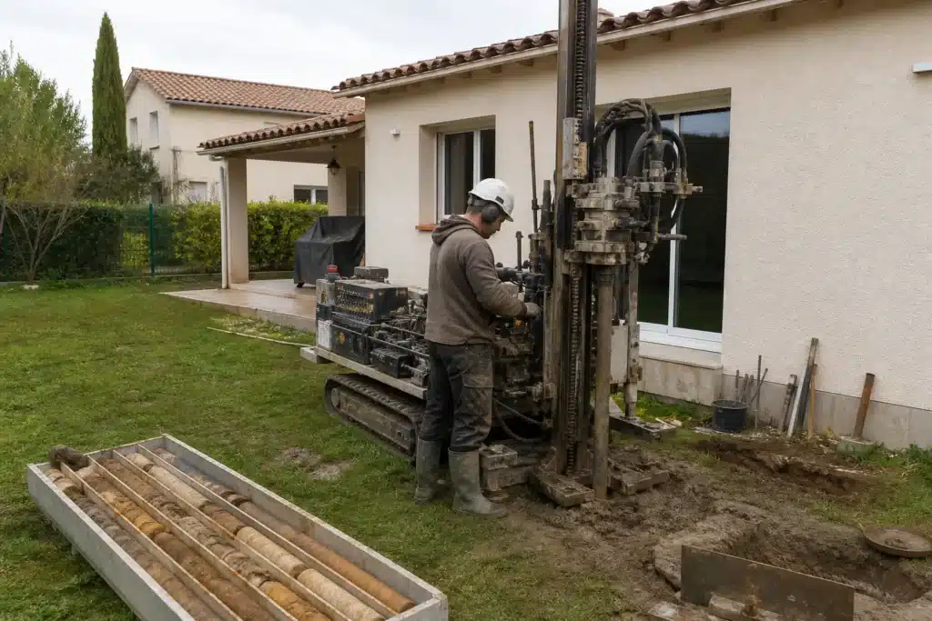 Sondage géotechnique dans le jardin d'une maison, carottes d'argile