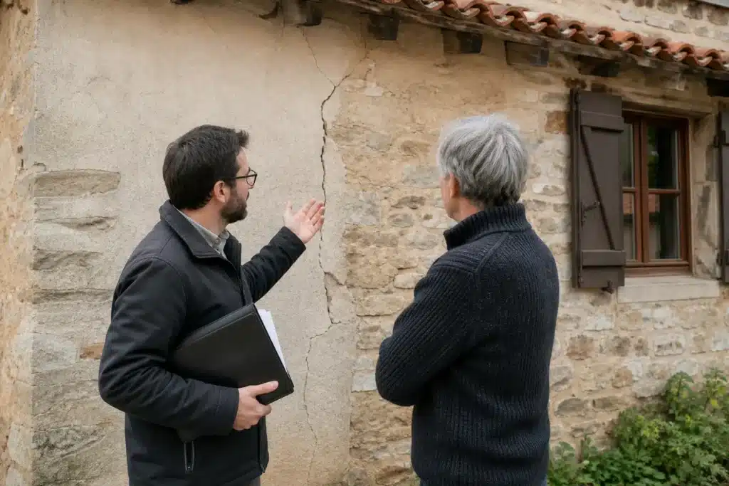 Expert et propriétaire échangeant devant une façade fissurée