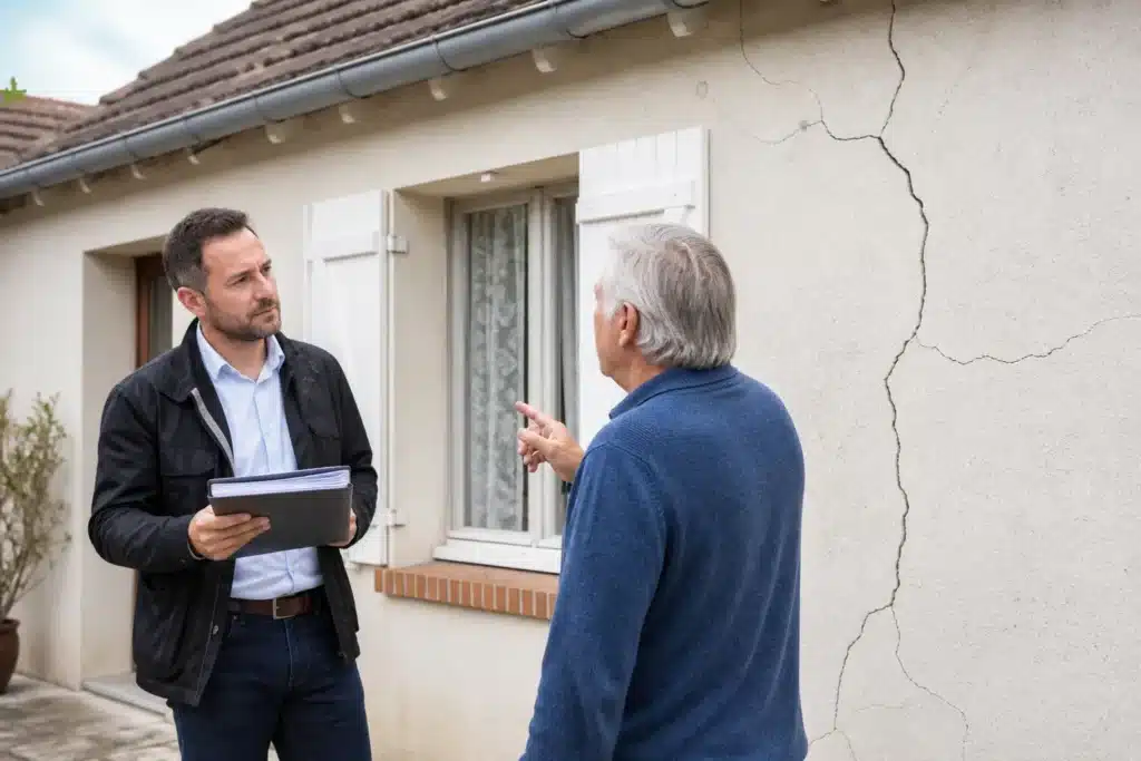 Expert et propriétaire échangeant devant une façade fissurée