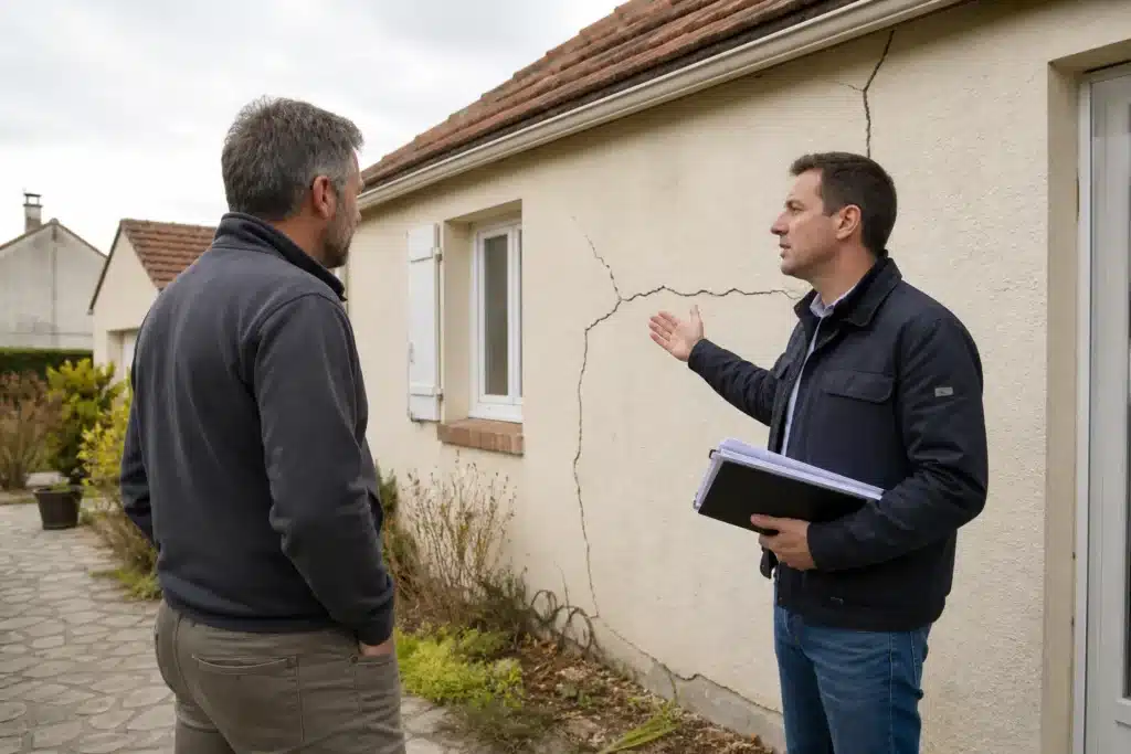 Expert et propriétaire échangeant devant une façade fissurée