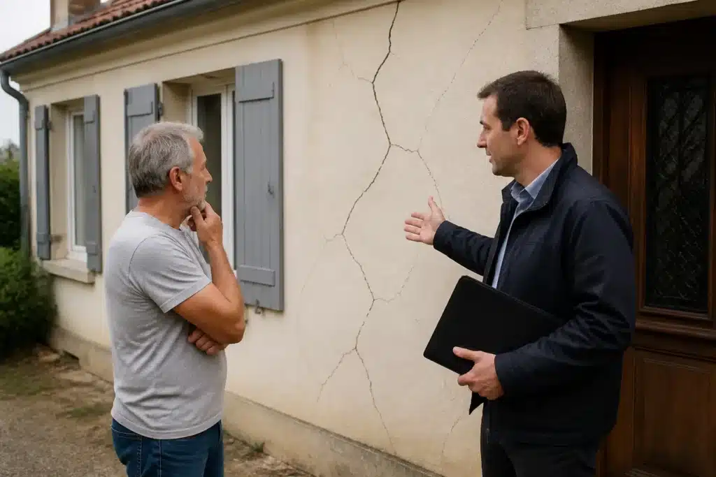Expert et propriétaire échangeant devant une façade fissurée