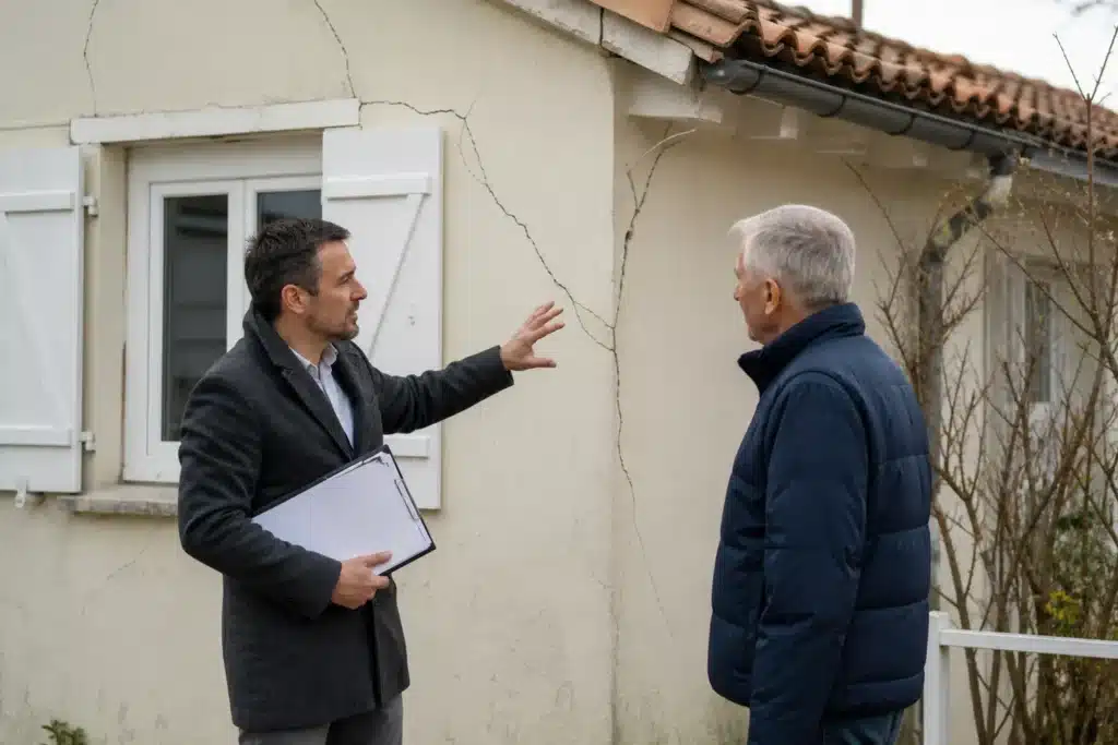 Expert et propriétaire échangeant devant une façade fissurée