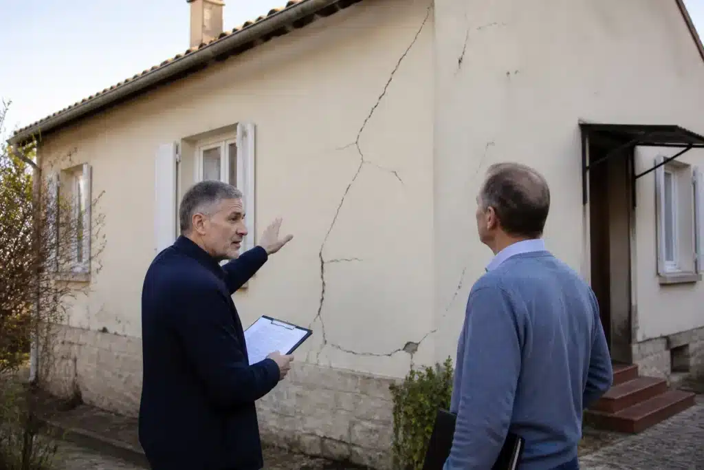 Expert et propriétaire échangeant devant une façade fissurée