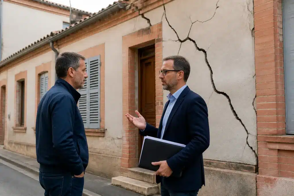 Expert et propriétaire échangeant devant une façade fissurée