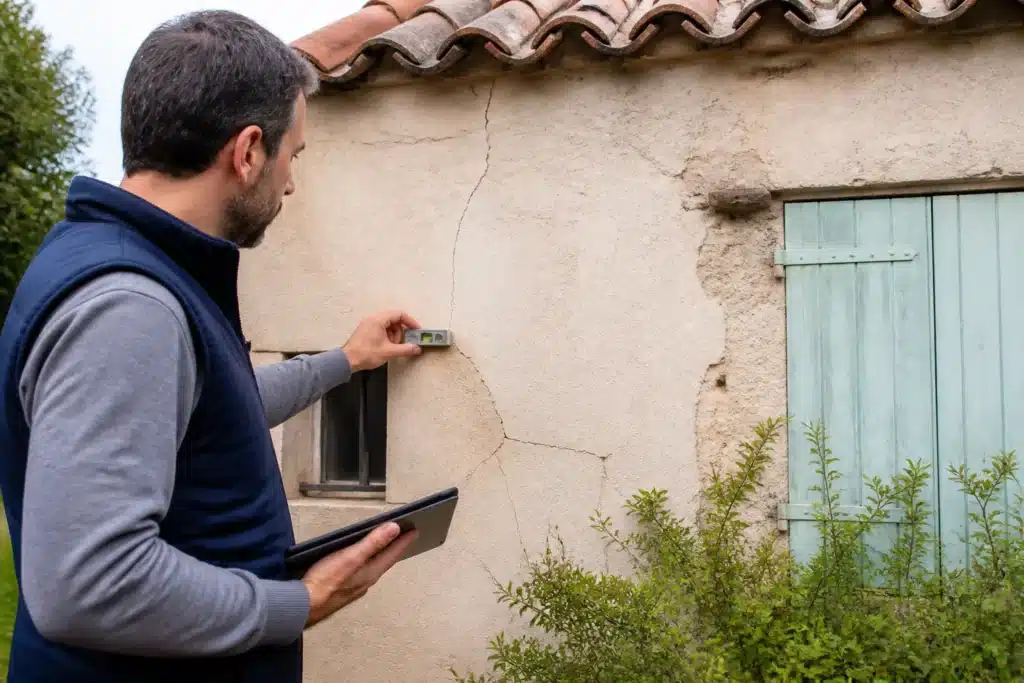 Expert en bâtiment examinant une fissure de façade et rédigeant son rapport