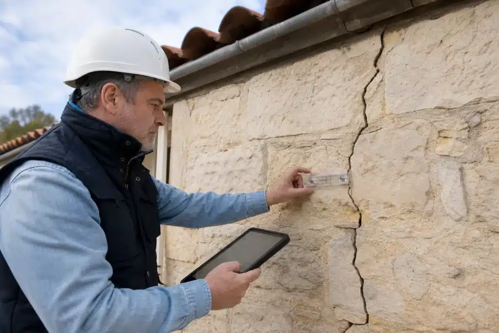 Expert en bâtiment examinant une fissure de façade et rédigeant son rapport