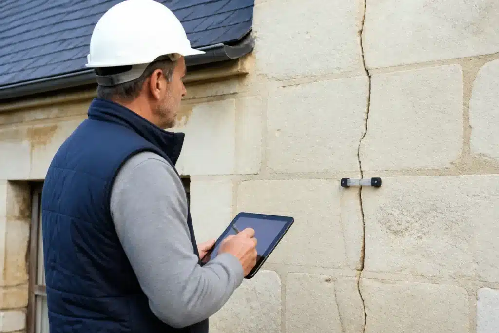 Expert en bâtiment examinant une fissure de façade et rédigeant son rapport