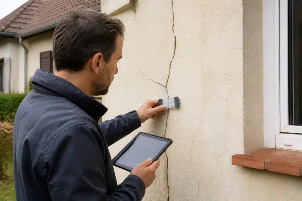 Expert en bâtiment examinant une fissure de façade et rédigeant son rapport