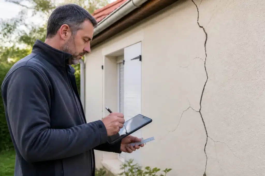 Expert en bâtiment examinant une fissure de façade et rédigeant son rapport