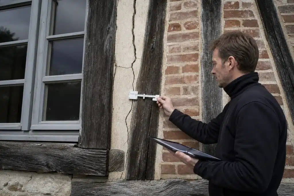 Expert en bâtiment examinant une fissure de façade et rédigeant son rapport