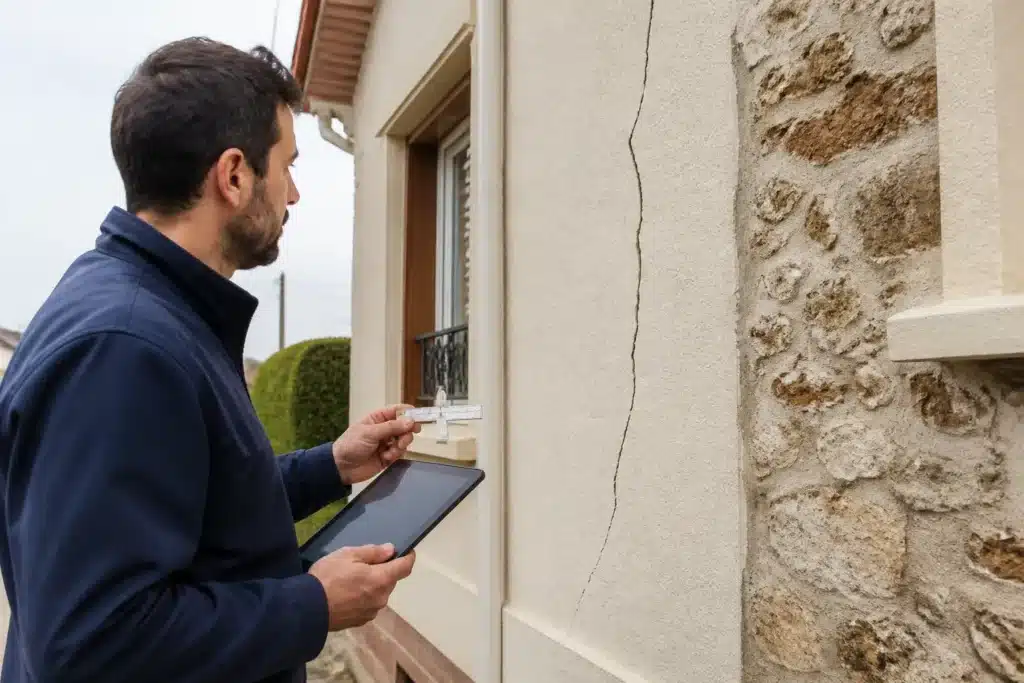Expert en bâtiment examinant une fissure de façade et rédigeant son rapport