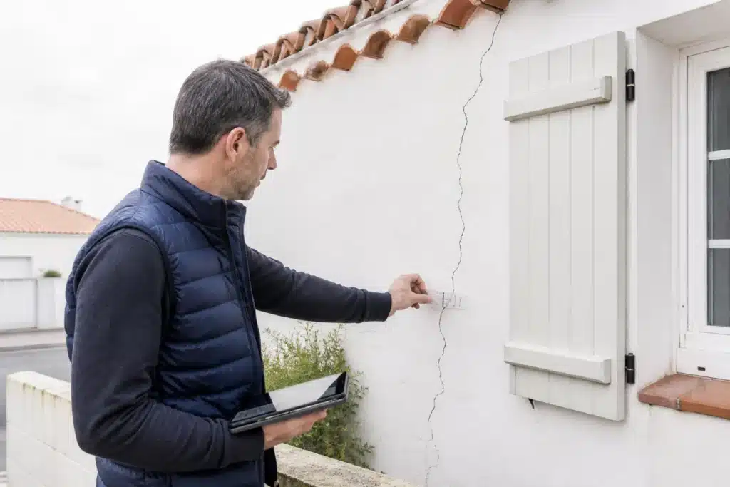 Expert en bâtiment examinant une fissure de façade et rédigeant son rapport