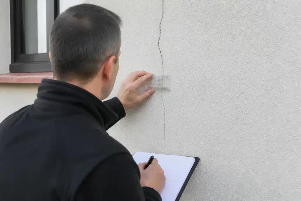 Expert en bâtiment mesurant l'ouverture d'une fissure de façade avec un fissuromètre lors d'une expertise de sinistre