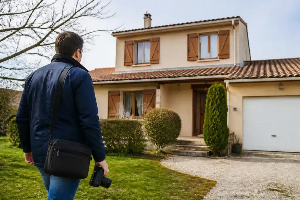 Expert en bâtiment arrivant pour inspecter une maison avant achat