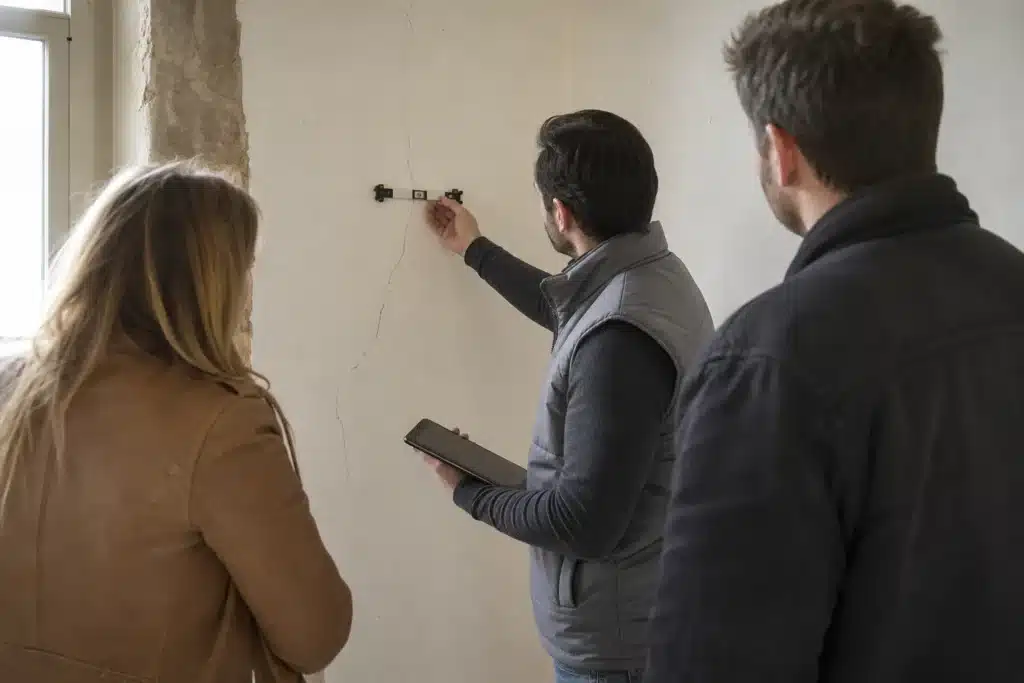 Réunion d'expertise amiable contradictoire sur un chantier de rénovation, avec relevé de mesures sur un mur fissuré en présence des parties