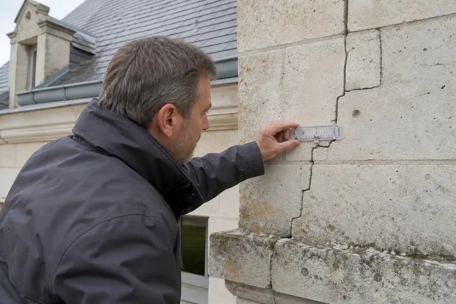 Expert mesurant une fissure de sécheresse sur une maison dans le Cher