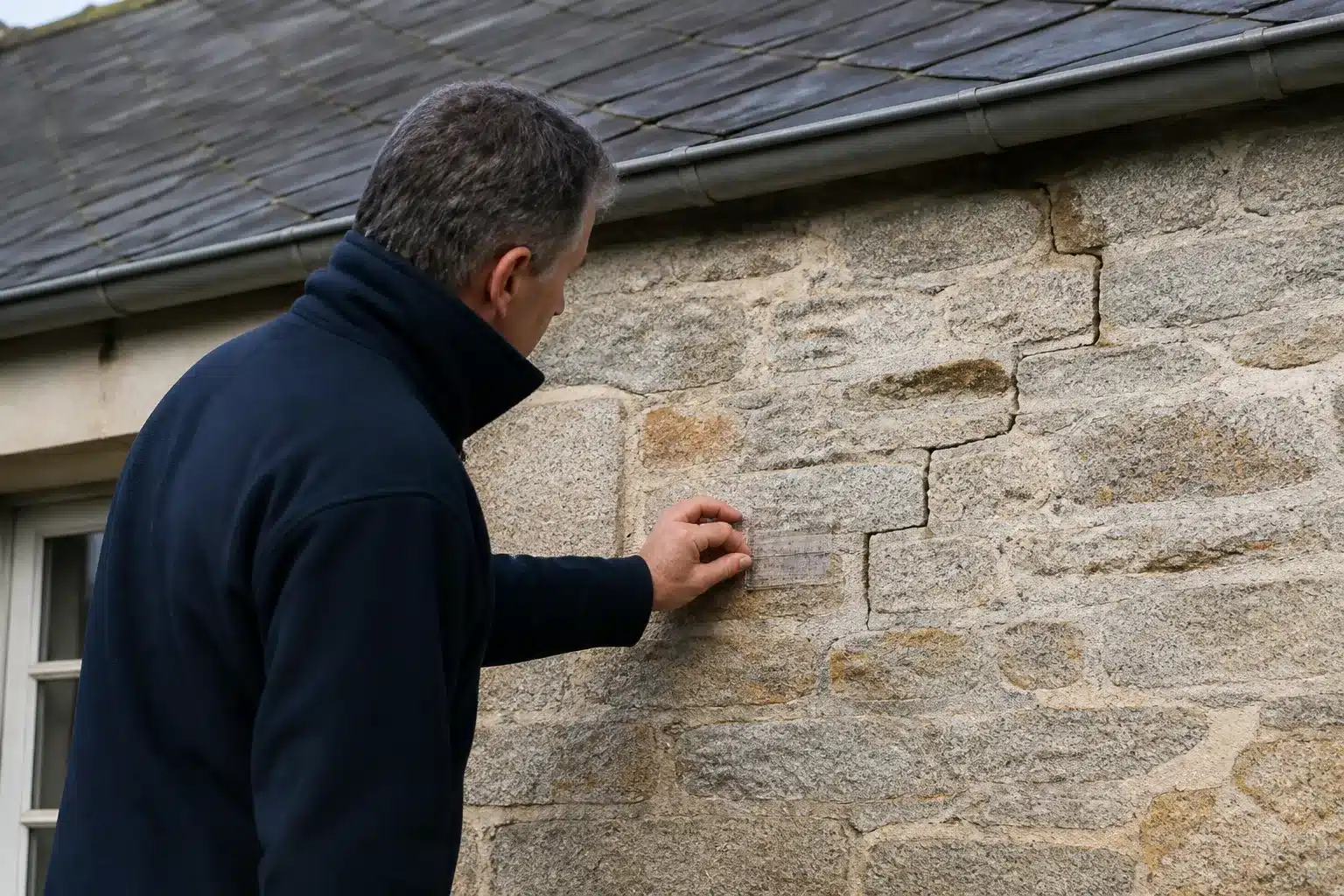 Expert mesurant une fissure de sécheresse sur une maison en Corrèze