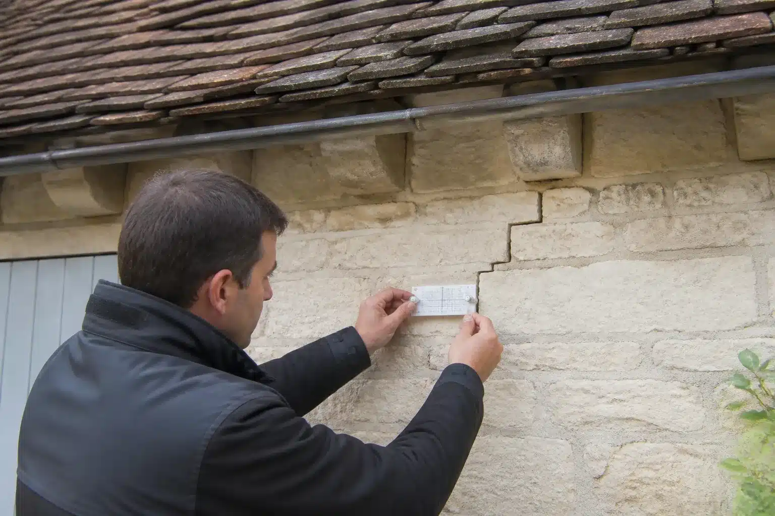 Expert mesurant une fissure de sécheresse sur une maison en Côte-d'Or