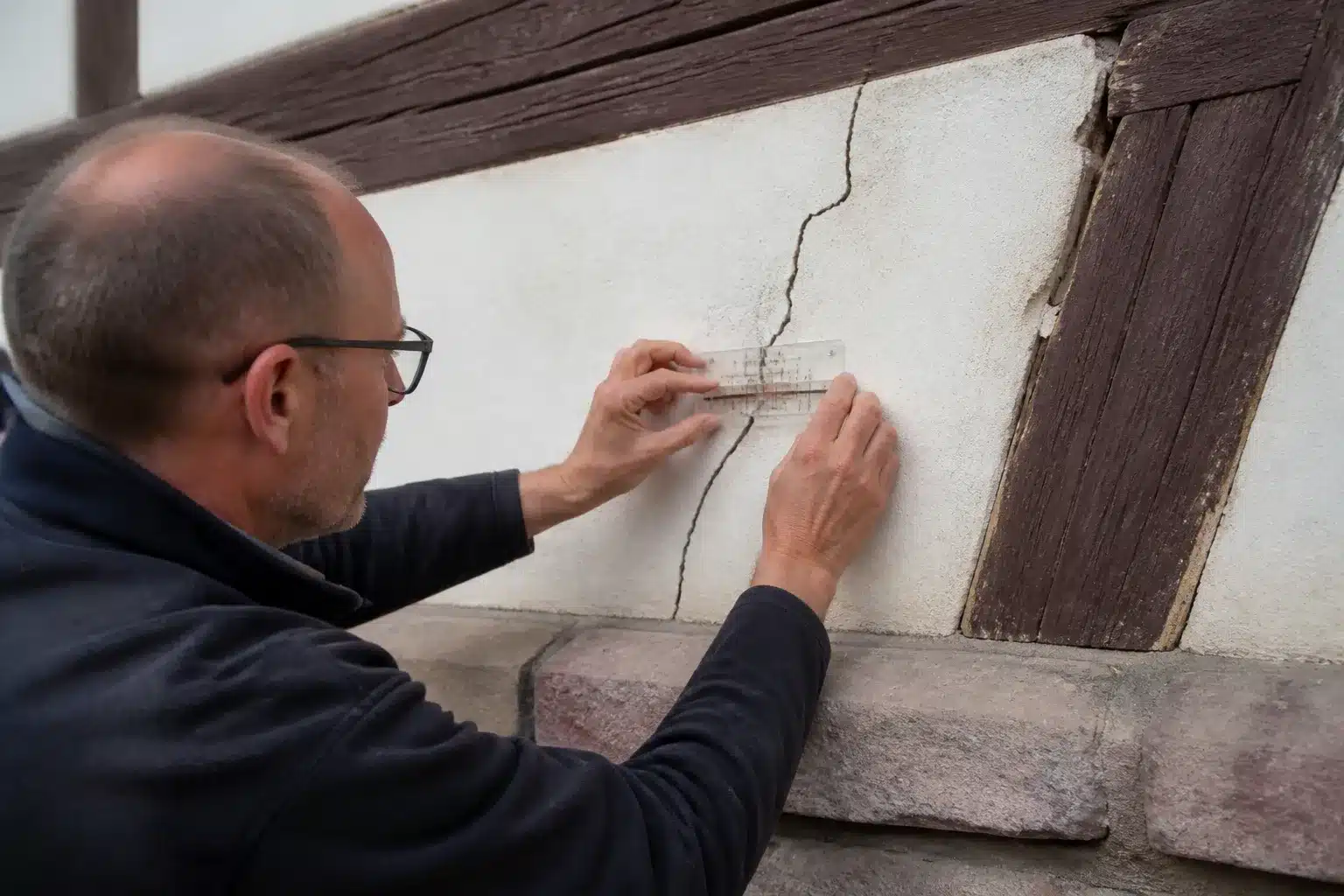 Expert mesurant une fissure de sécheresse sur une maison dans le Haut-Rhin