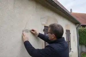 Expert mesurant une fissure de sécheresse sur une maison en Moselle
