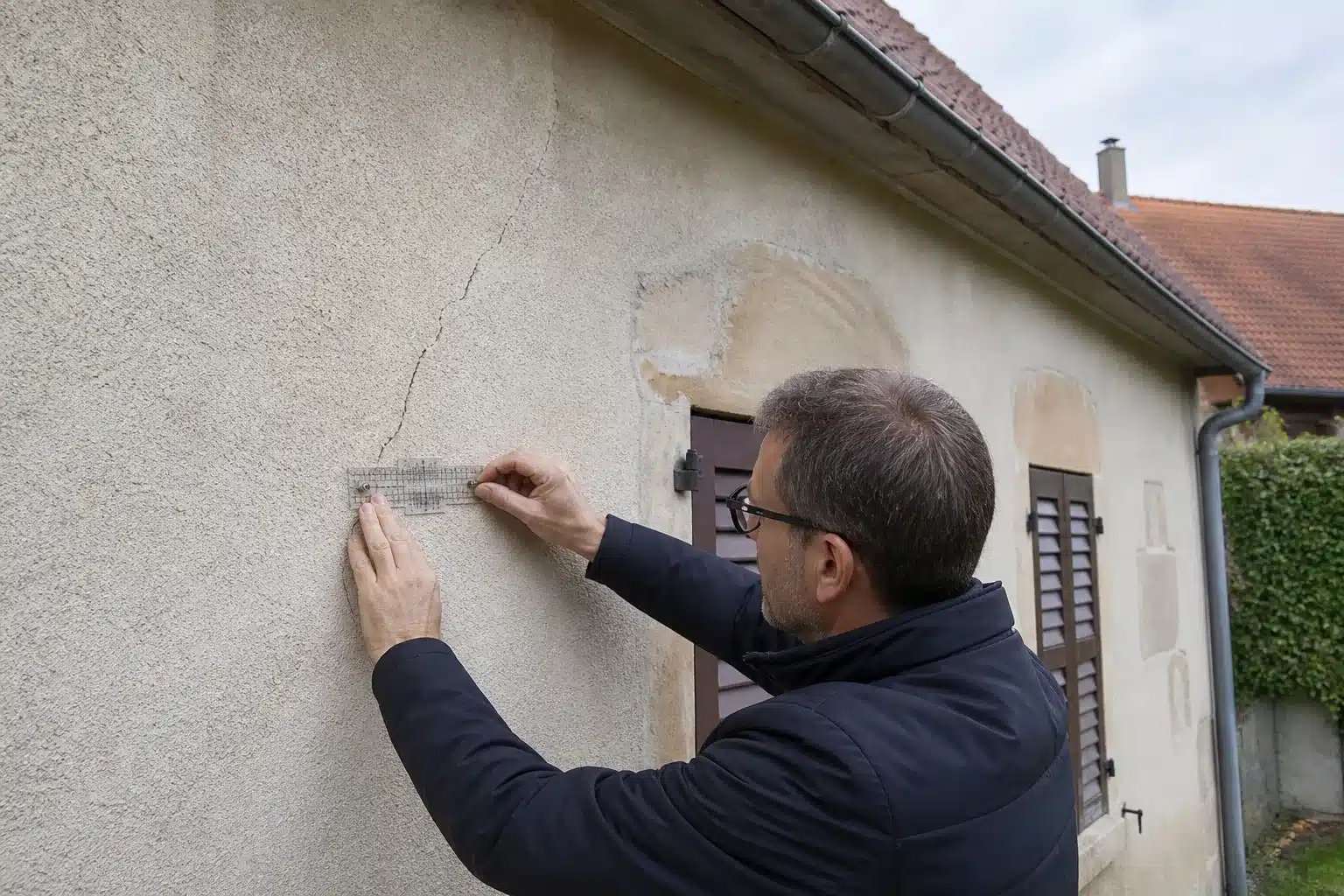 Expert mesurant une fissure de sécheresse sur une maison en Moselle