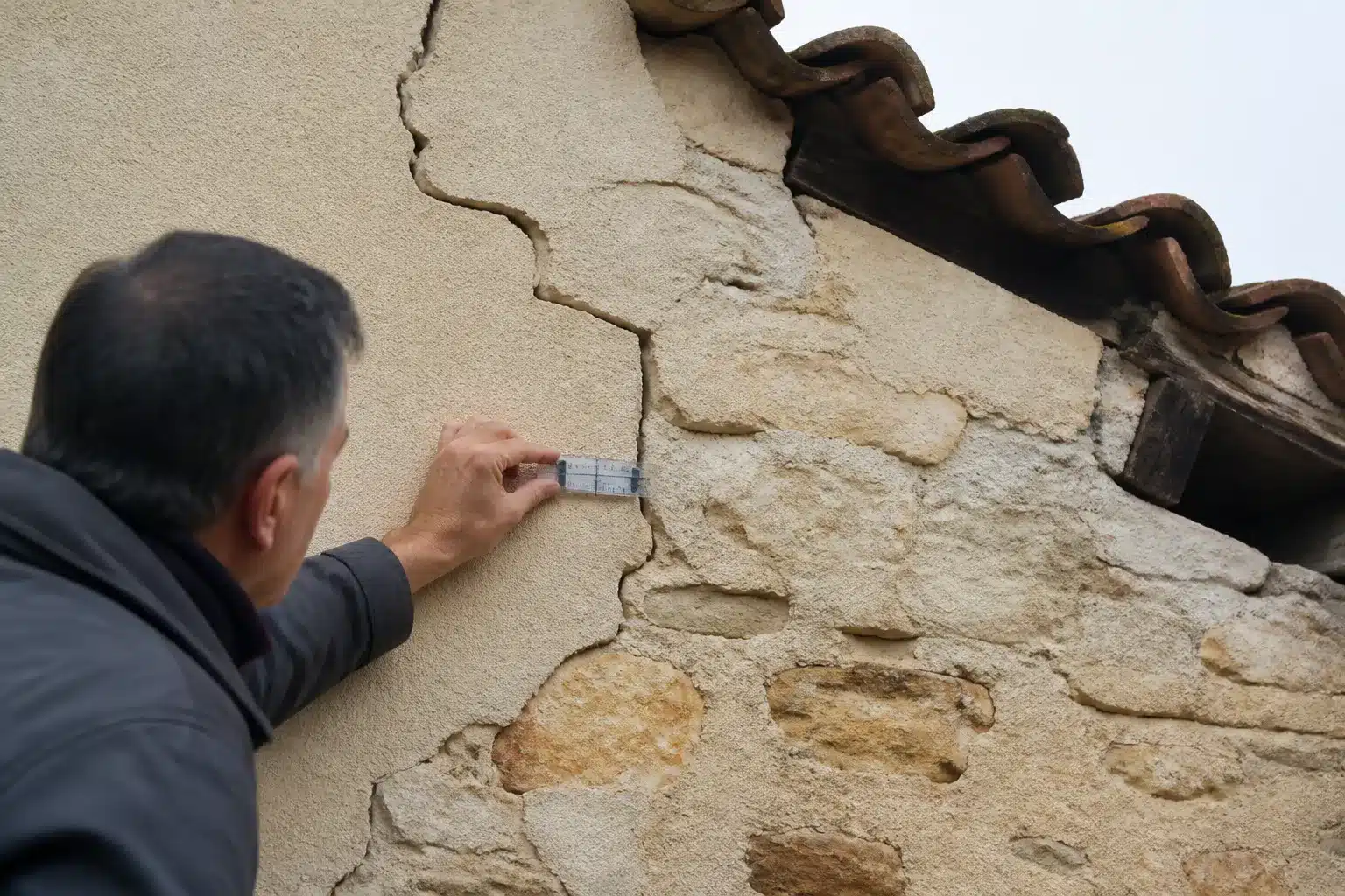 Expert mesurant une fissure de sécheresse sur une maison dans le Rhône