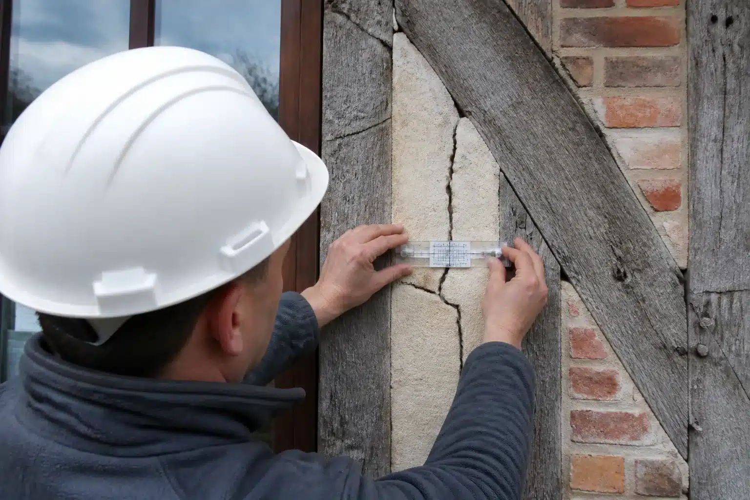 Expert mesurant une fissure de sécheresse sur une maison en Seine-Maritime