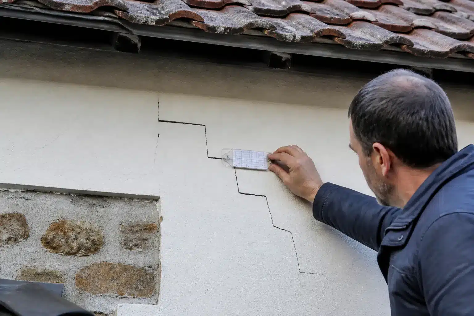Expert mesurant une fissure de sécheresse sur une maison en Seine-Saint-Denis