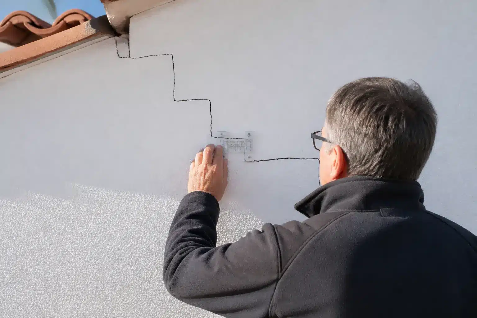 Expert mesurant une fissure de sécheresse sur une maison en Vendée
