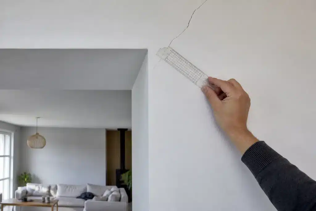 Fissure oblique à l'angle supérieur d'une ouverture créée dans un mur porteur, mesurée avec une jauge fissuromètre