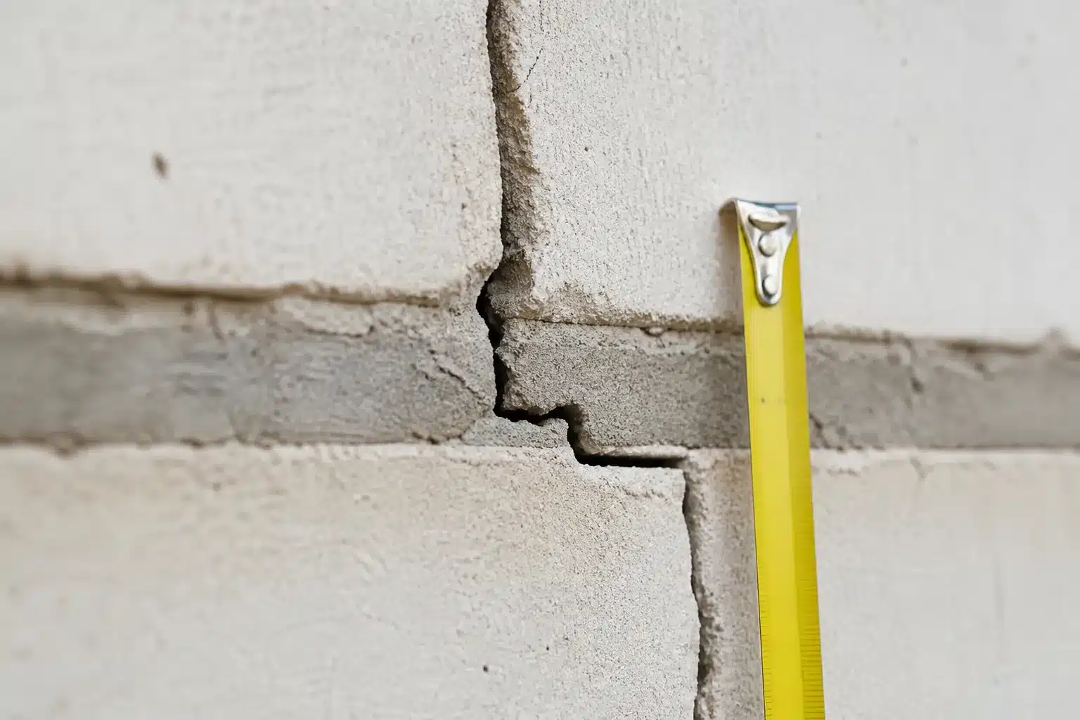 Gros plan d'une fissure en escalier sur un mur en parpaings avec un mètre ruban pour échelle