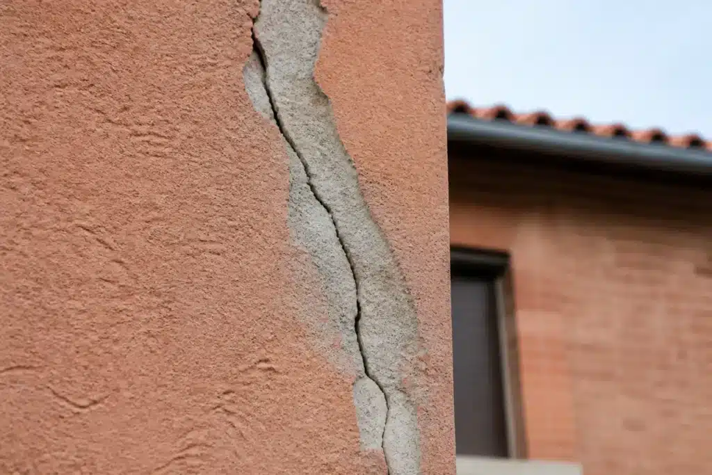 Fissure rebouchée qui s'est rouverte sur une façade enduite