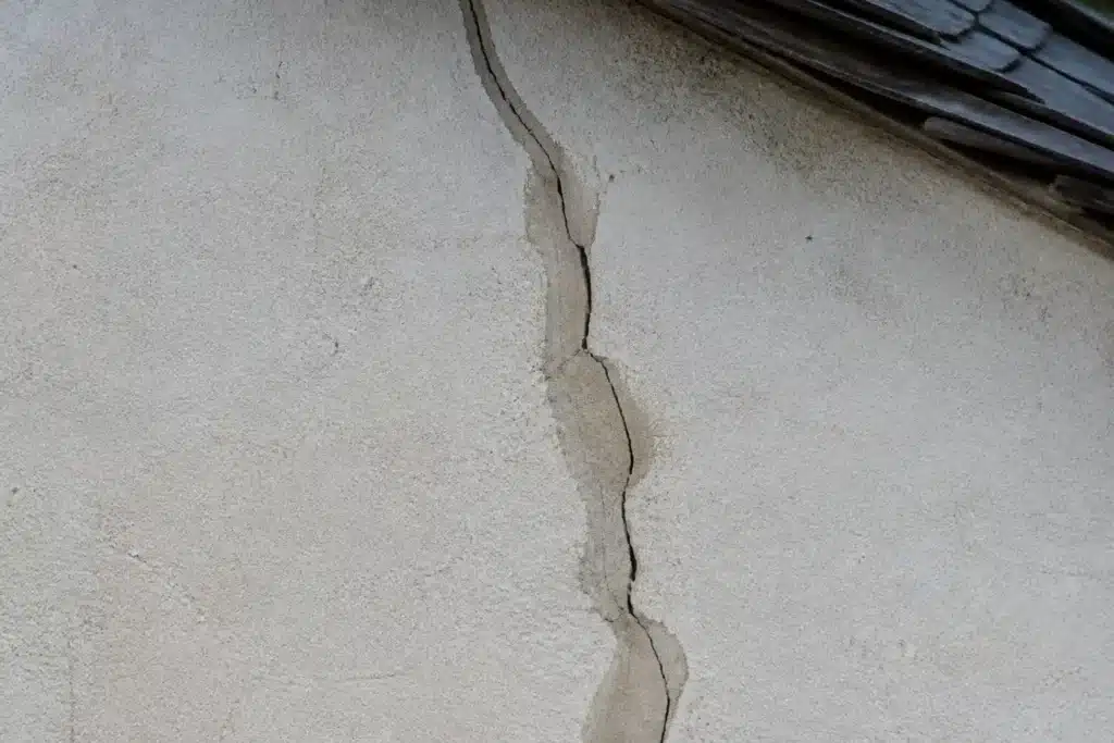 Fissure rebouchée qui s'est rouverte sur une façade enduite